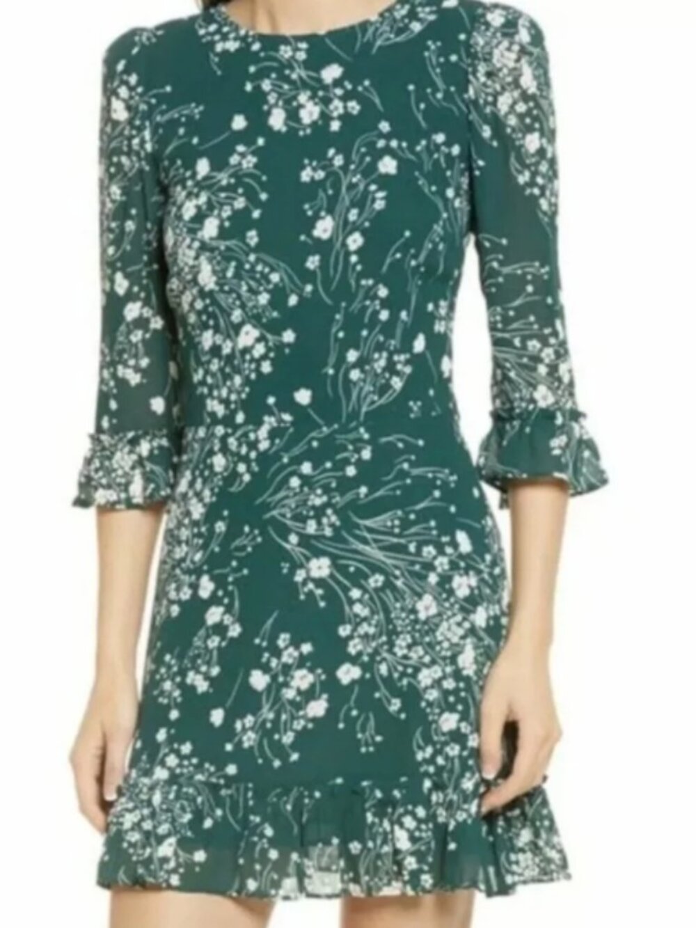 Reformation Doutzen Floral Green Mini Dress with Ruffle Sleeves and Hem Size 2